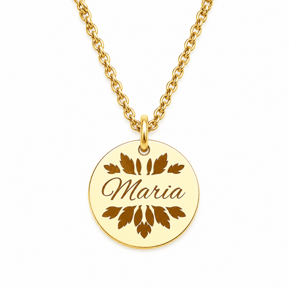 Pandantiv banut gravat cu nume din aur 14K, model floral