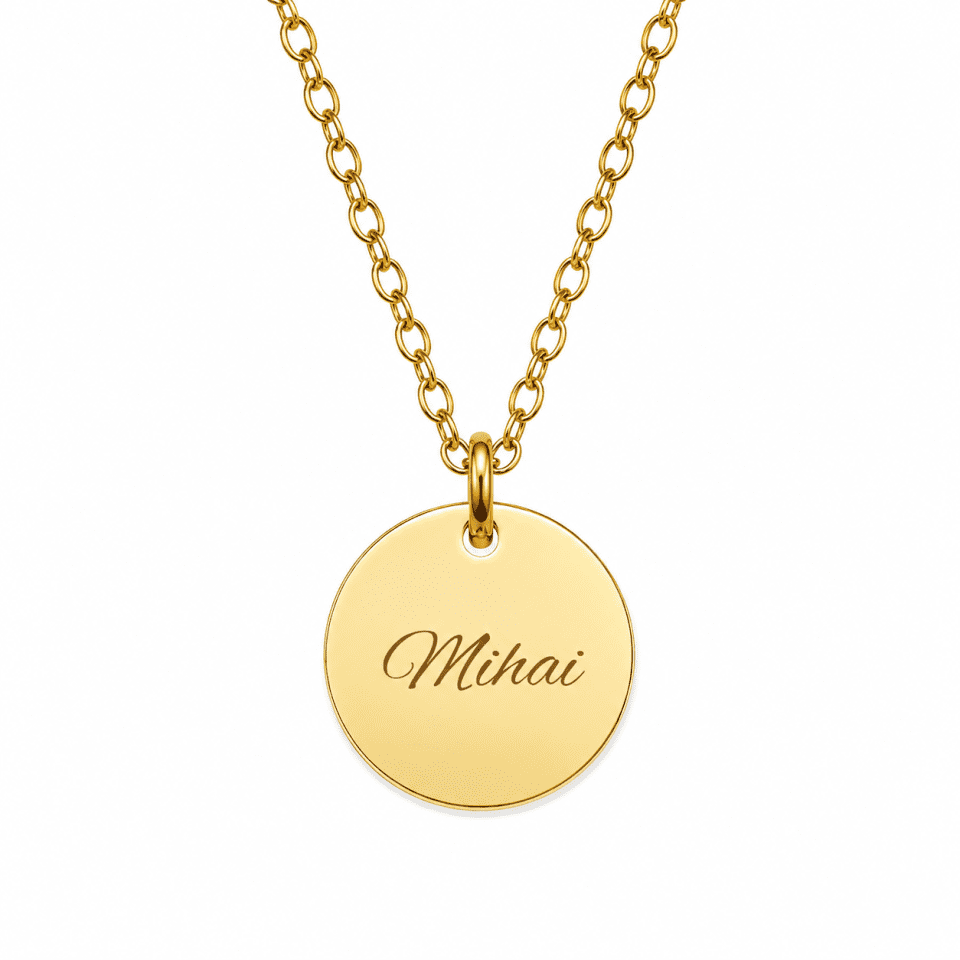 Pandantiv medalion cu nume gravat din aur 14K, model rotund