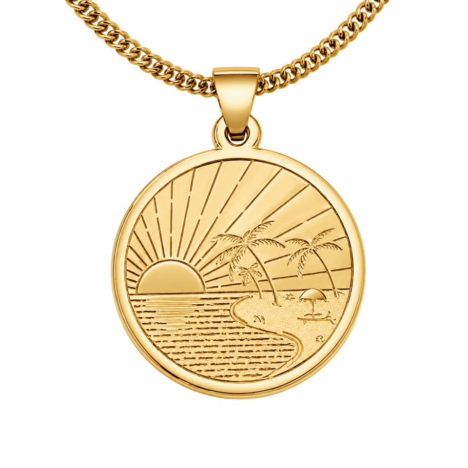 Pandantiv apus la mare din aur 14K, medalion gravat
