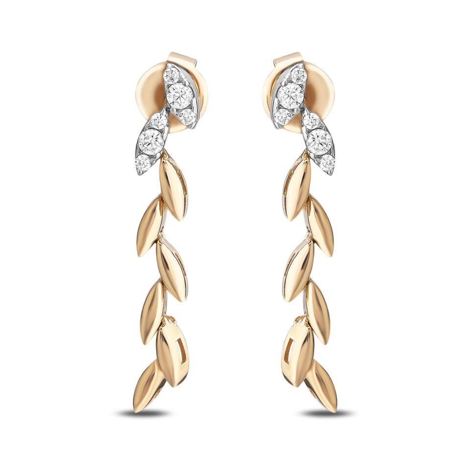 Cercei din aur de 14k, cu pietre de zirconiu și design ramuri elegante