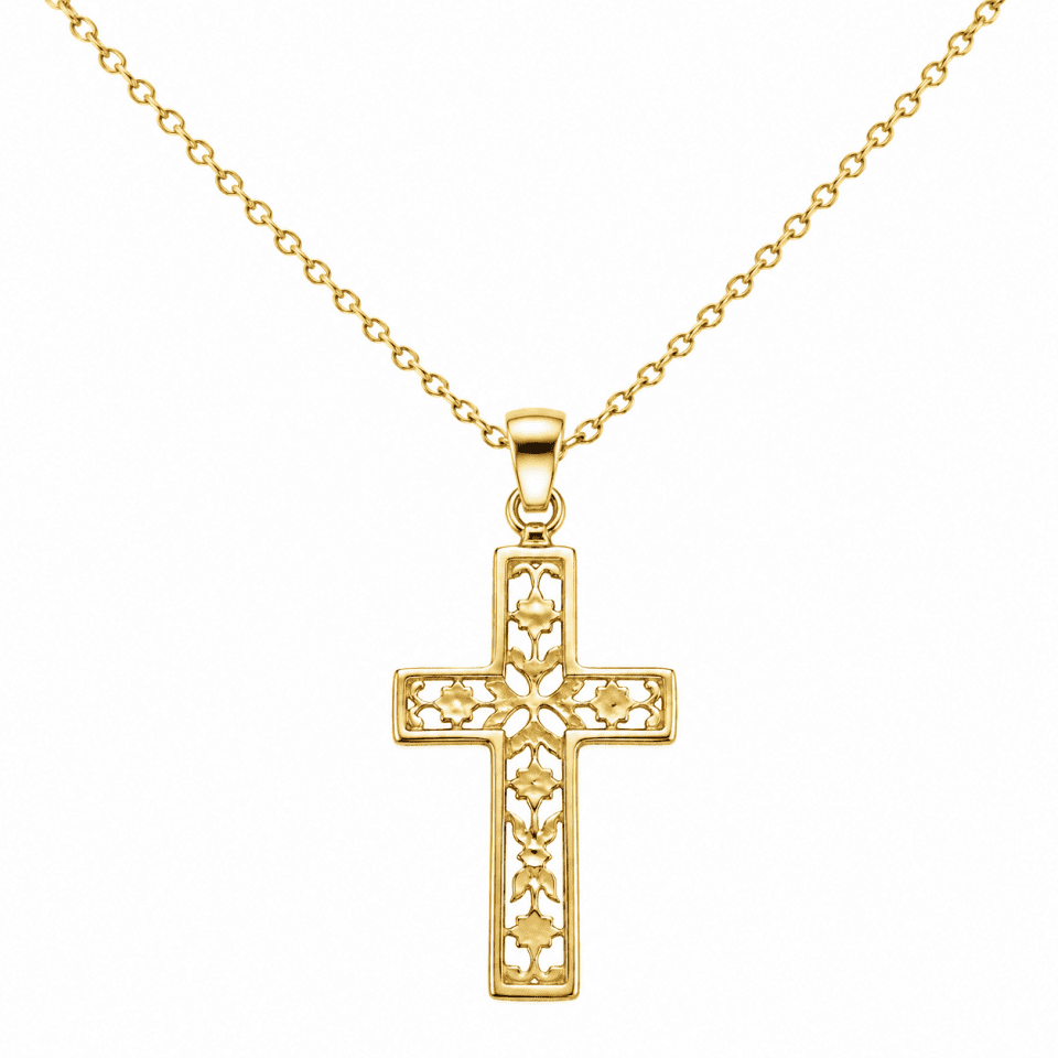 Pandantiv Aur 14K Cruce Floral – Spiritualitate și Eleganță