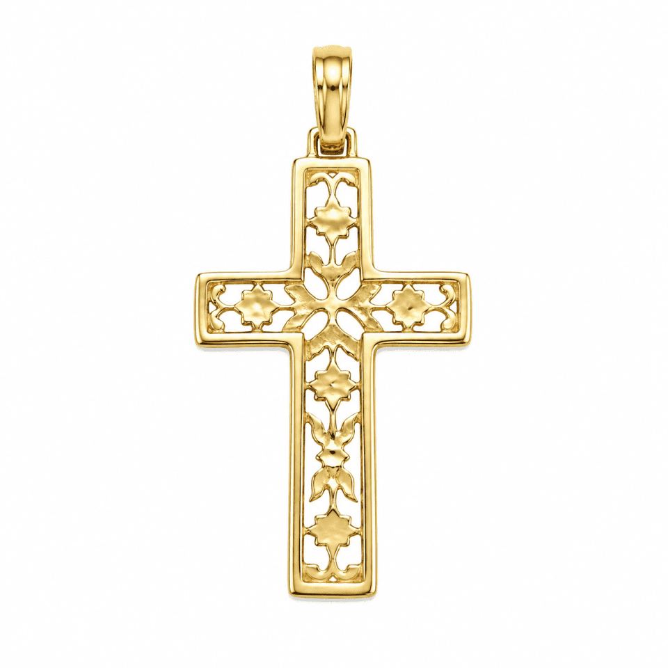 Pandantiv Aur 14K Cruce Floral – Spiritualitate și Eleganță