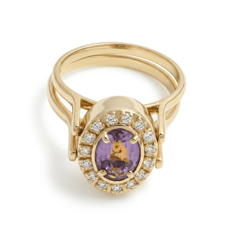 Inel reversibil din aur 14K cu opal, citrin și zirconii albe – model două fețe