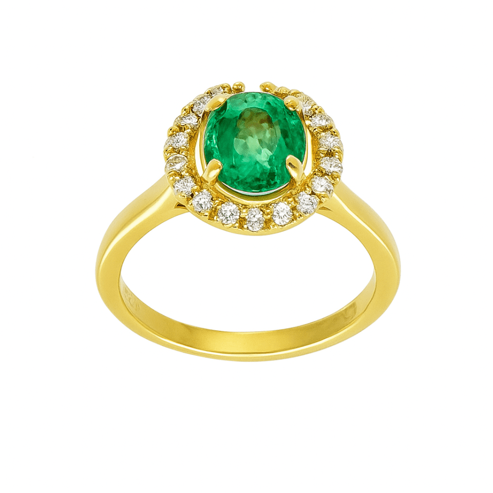 Inel din Aur 14K cu Jad Verde și Halo de Pietre Strălucitoare