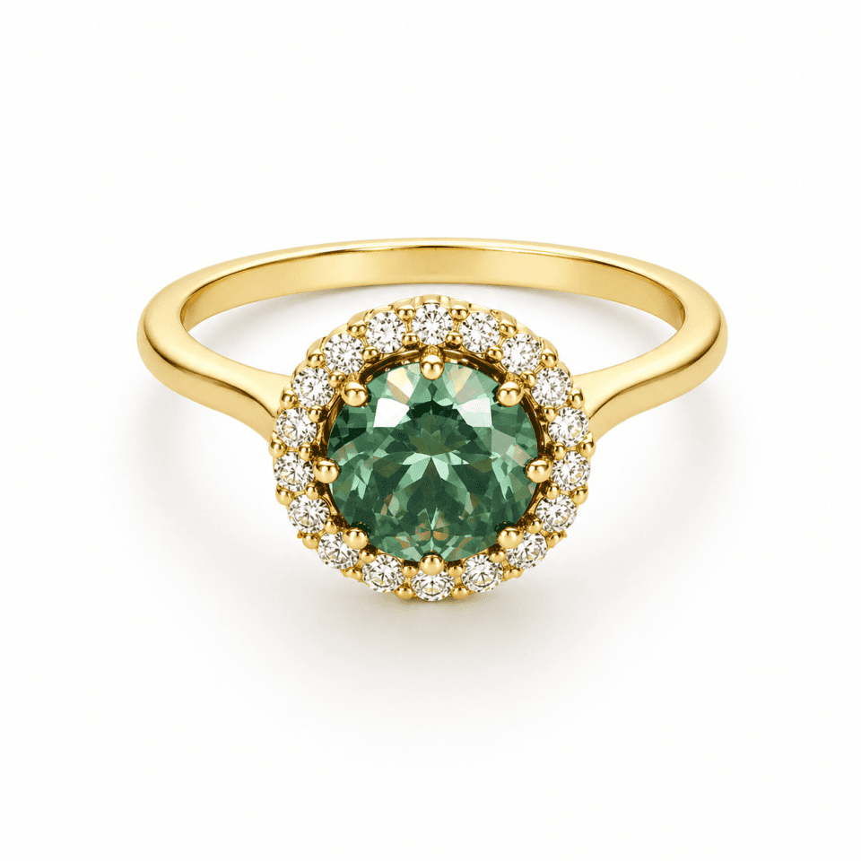 Inel Aur 14K cu Moissanite Verde 0.72 ct și Diamante Naturale 0.77 ct – Model Halo Elegant