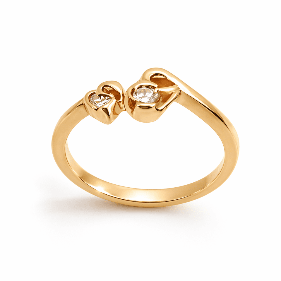 Inel din aur 14K  model doua inimi cu pietre zirconiu