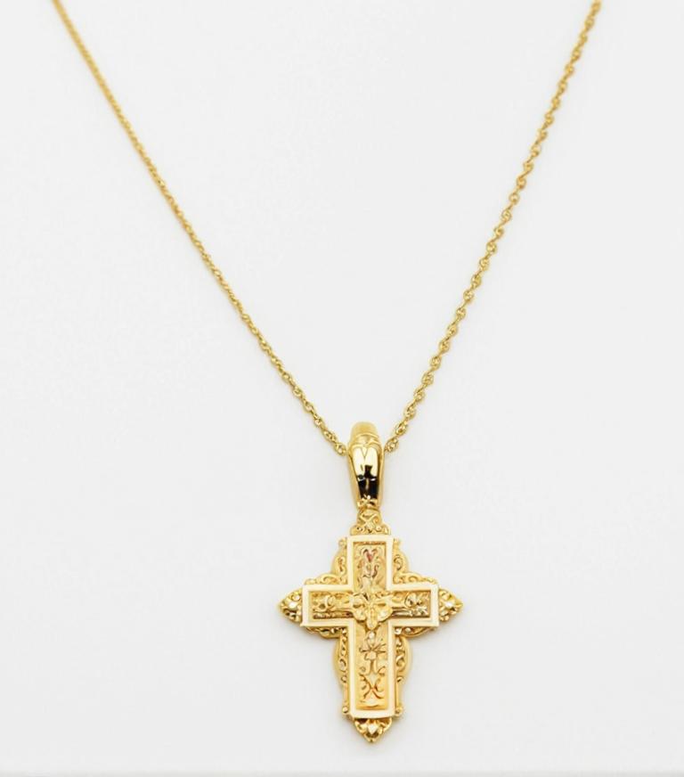 Pandantiv cruce din aur galben de 14K, cu motive spirituale