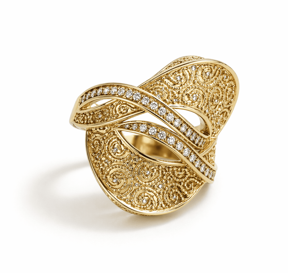 Inel din aur 14K cu zirconii – model ornamental elegant