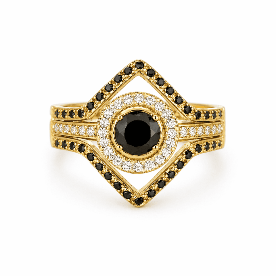 Inel aur 14K cu diamant 0.5 ct și diamante albe și negre – design lux 2-în-1