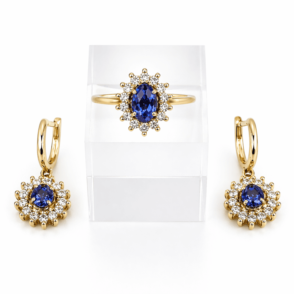 Set bijuterii fine aur 14k cu tanzanit natural 0.84 ct și diamante 0.30 ct – inel și cercei halo