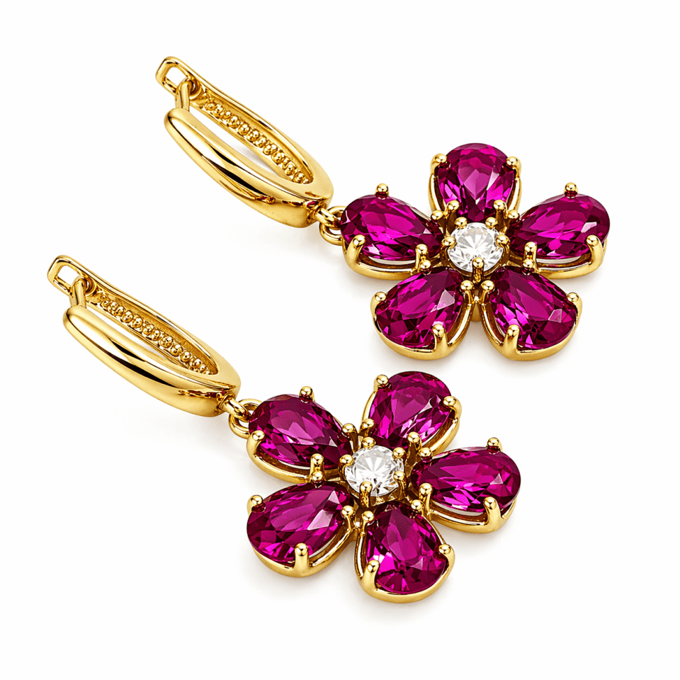 Cercei aur 14K cu zirconii roz și alb – model floral damă