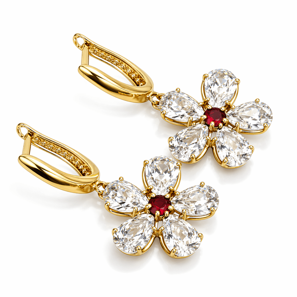 Cercei din aur 14K cu zirconii – model floral elegant