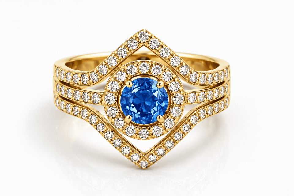 Inel 2-în-1 aur 14K cu safir natural și 68 diamante – model elegant cu pietre prețioase