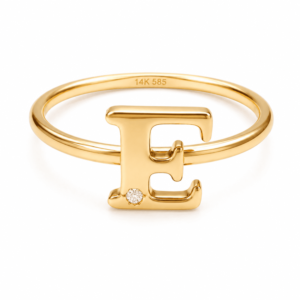 Inel din Aur 14K cu Inițială E și Piatră de Zirconiu – Inel Personalizat Elegant