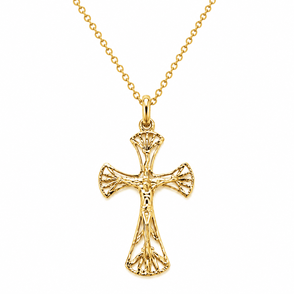 Pandantiv cruce aur 14K cu Iisus – simbol al credinței, design decupat