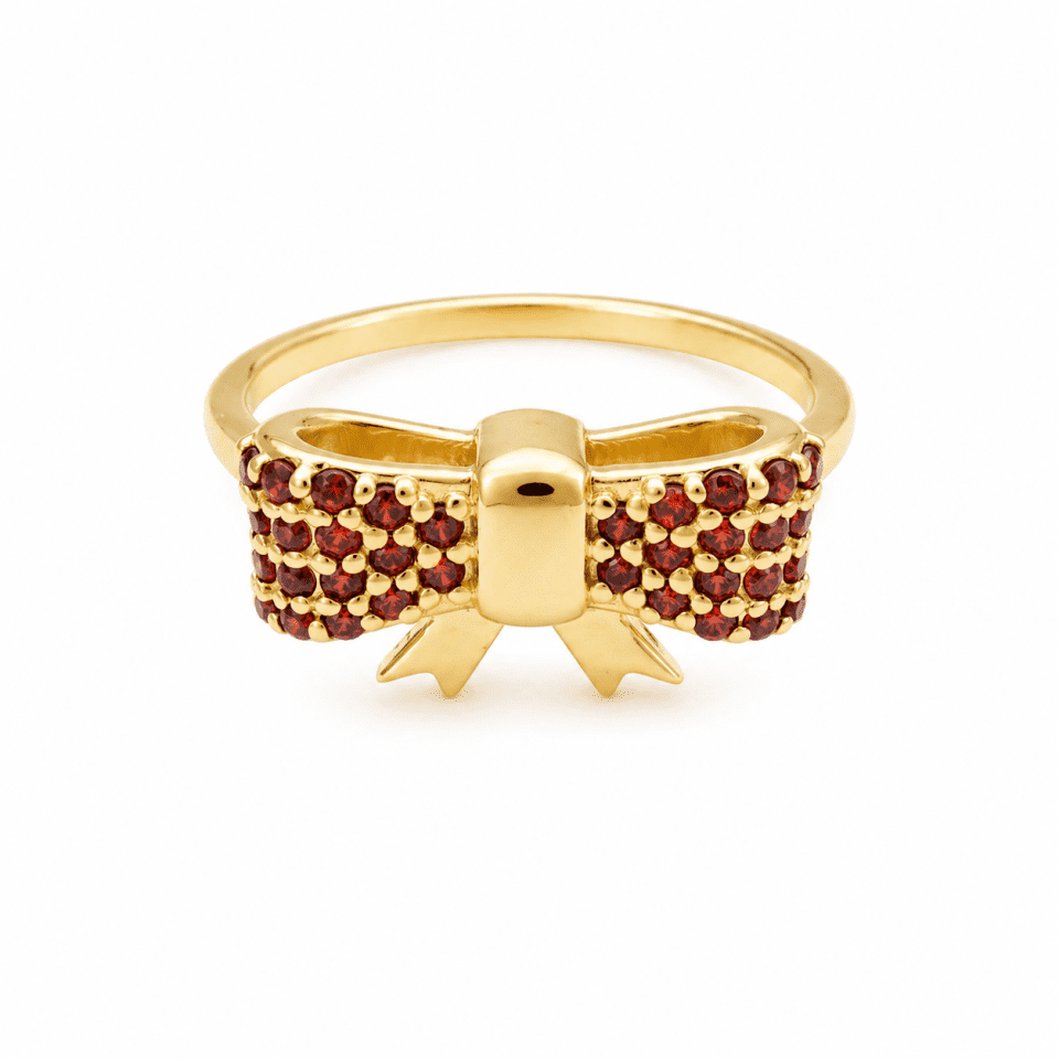 Inel din Aur 14K cu Fundiță și Pietre Roșii – 2.25g, Design Elegant