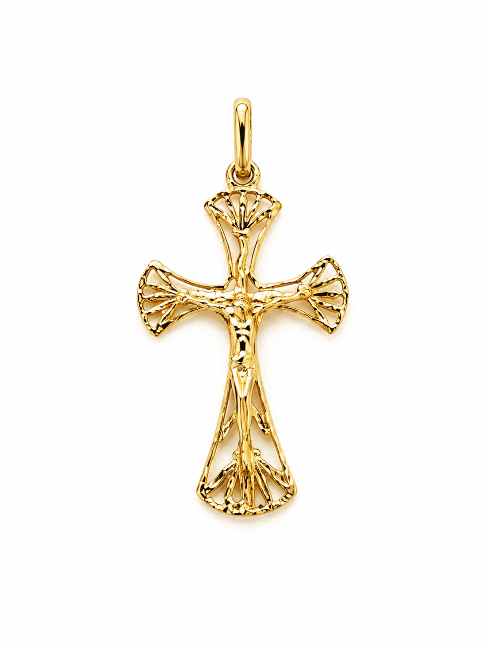 Pandantiv Cruce din Aur 14K cu Iisus – 1.00g, Design Decupat Elegant