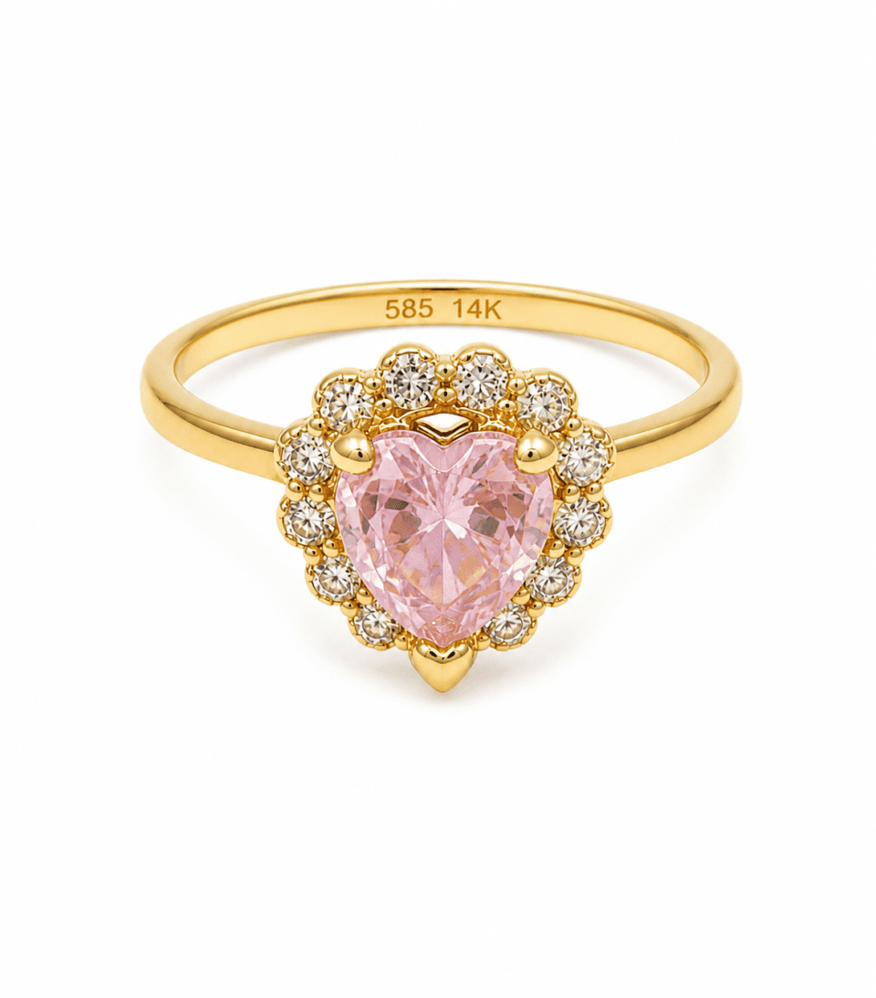 Inel aur 14K cu piatră roz în formă de inimă și pietre strălucitoare – model elegant, cadou special pentru ea