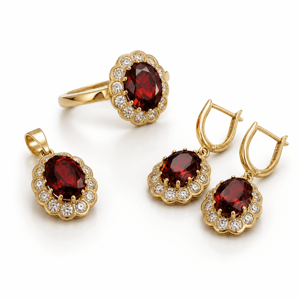 Set bijuterii aur 14k cu piatră roșie și accente strălucitoare – cercei, pandantiv și inel elegant pentru femei