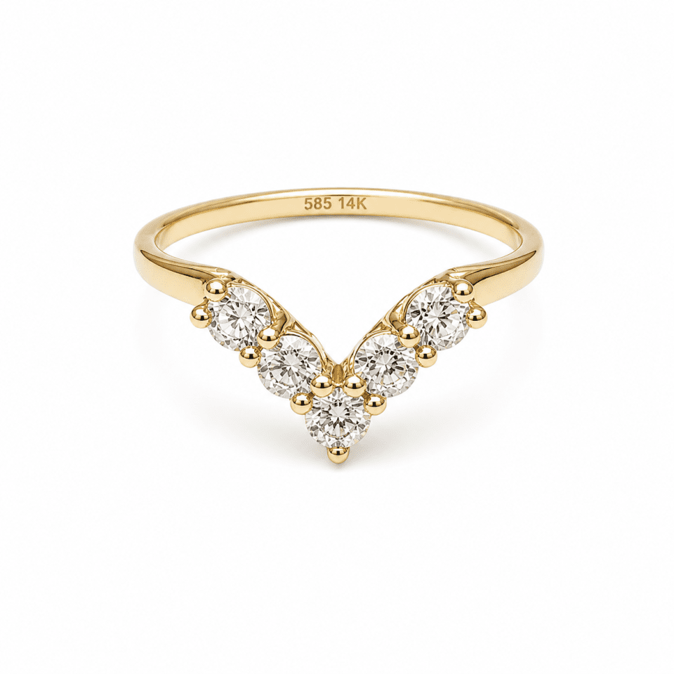 Inel din Aur 14K cu Pietre Strălucitoare – Design V Elegant pentru Femei