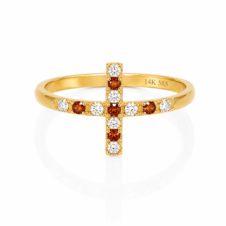 Inel Aur 14K Cruce Pietre Portocalii Zirconii