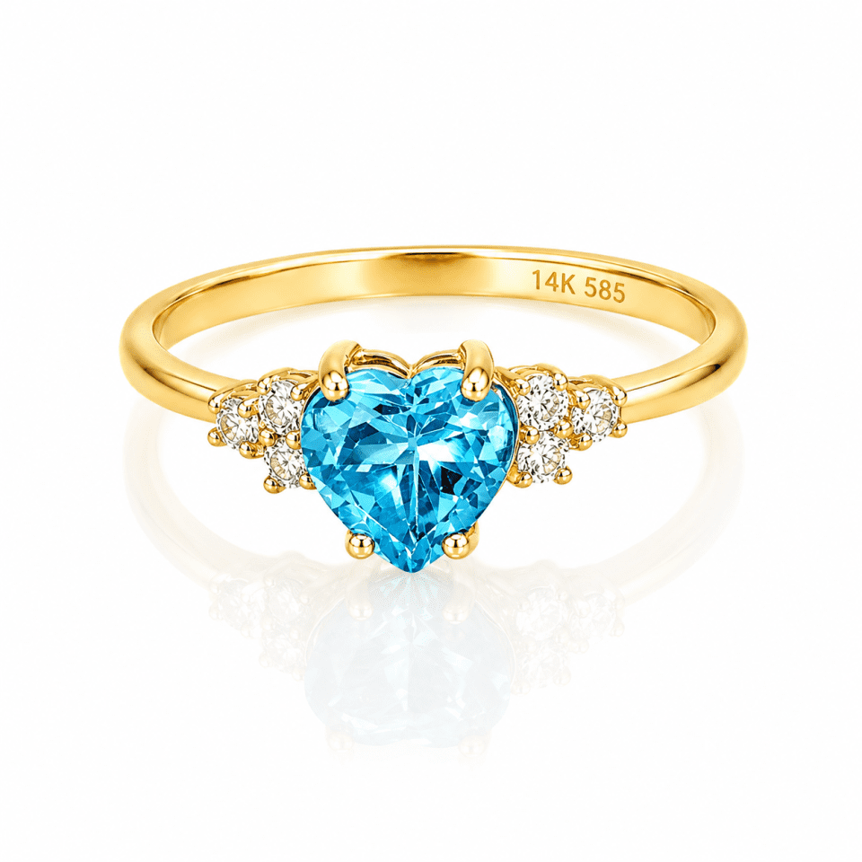 Inel din aur 14K cu topaz albastru inimă și zirconii
