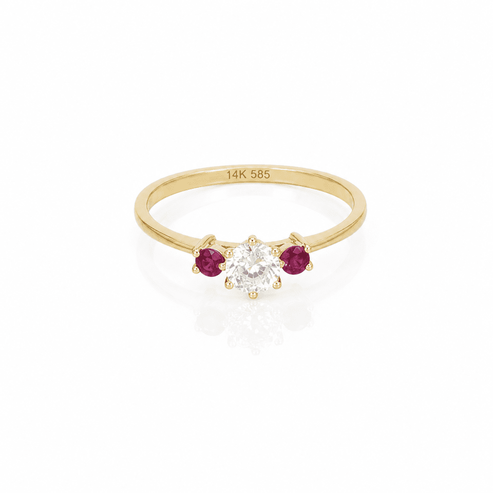 Inel aur 14K cu diamant 0.40 ct și rubine naturale