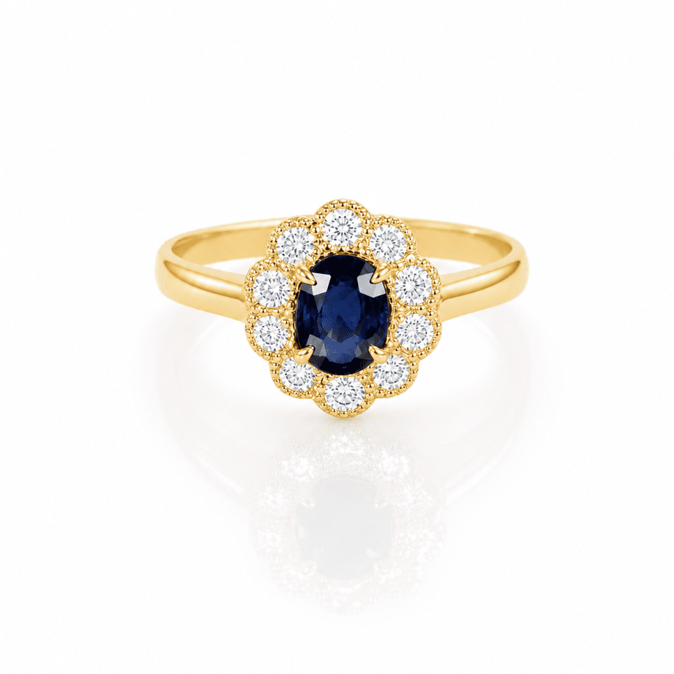 Inel aur 14K cu safir 1.10 ct și 10 diamante