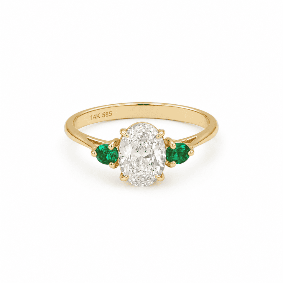 Inel aur 14K cu diamant și smaralde