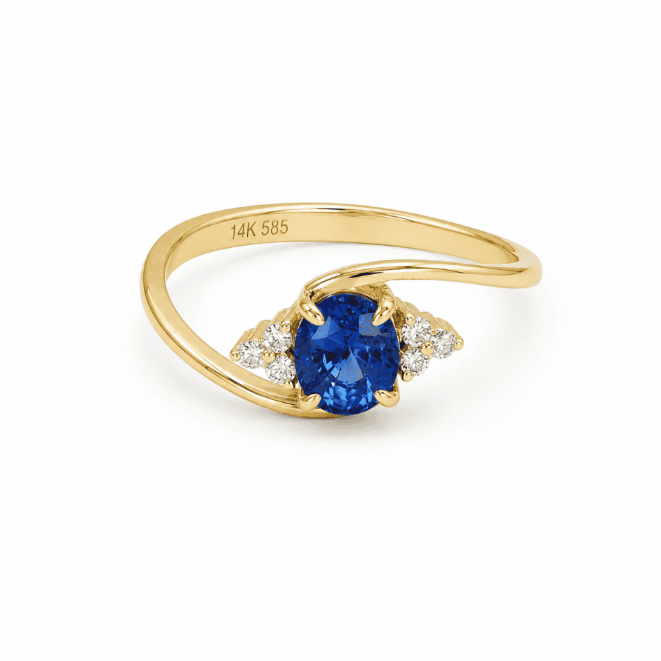 Inel din aur galben 14K cu diamant albastru oval și diamante albe