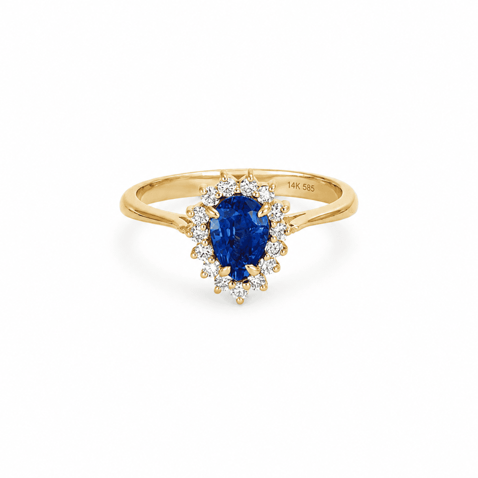 Inel din aur galben 14K cu diamant albastru picătură și anturaj de diamante
