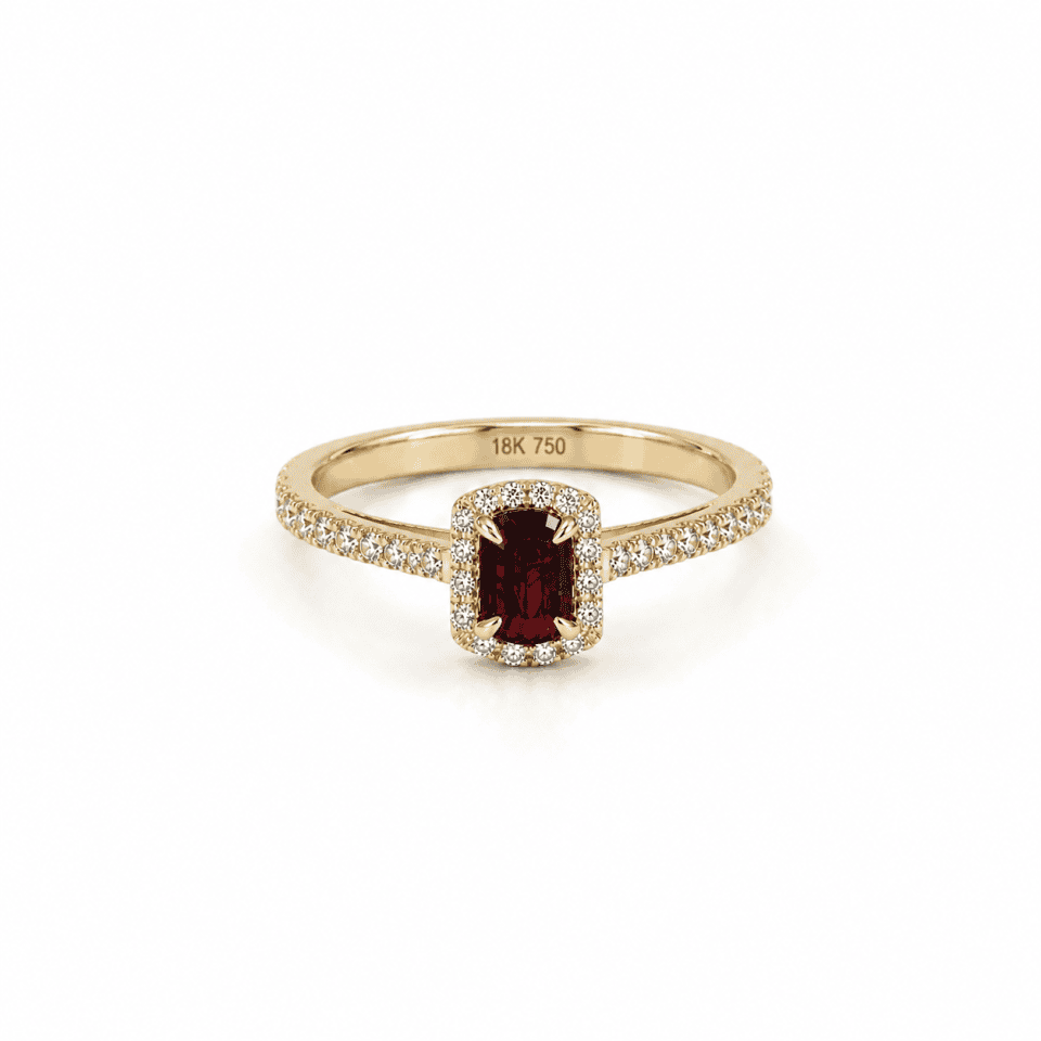 Inel din aur galben 18K cu turmalină roșie 1,15 ct și anturaj de diamante