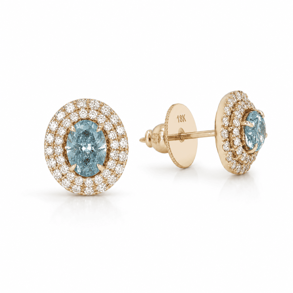 Cercei din aur galben 18K cu diamant albastru deschis și anturaj dublu